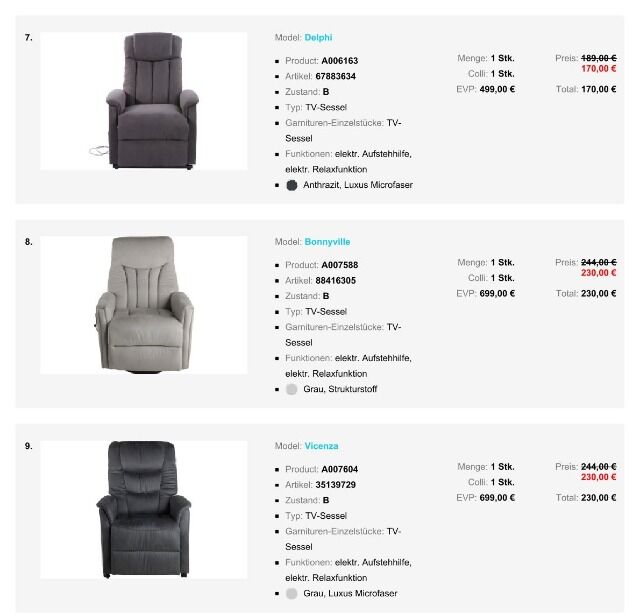 Möbel TV-Sessel P10 ab 160 €, A-Ware, Relaxfunktion, Aufstehhilfe verschiedene Modelle