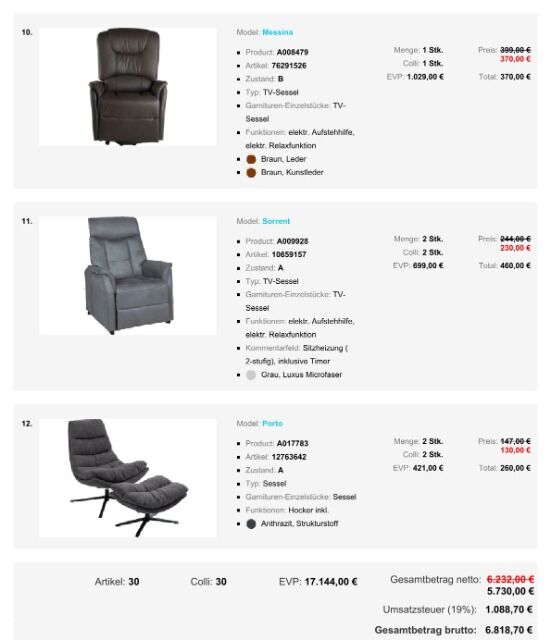 Möbel TV-Sessel P10 ab 160 €, A-Ware, Relaxfunktion, Aufstehhilfe verschiedene Modelle