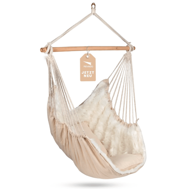 Hängesessel Kunstfell mit Kissen Holzstange Hängesitz Kuschelsessel Schaukelstuhl Indoor Outdoor Schwebesessel Lounge Sessel Relaxsessel