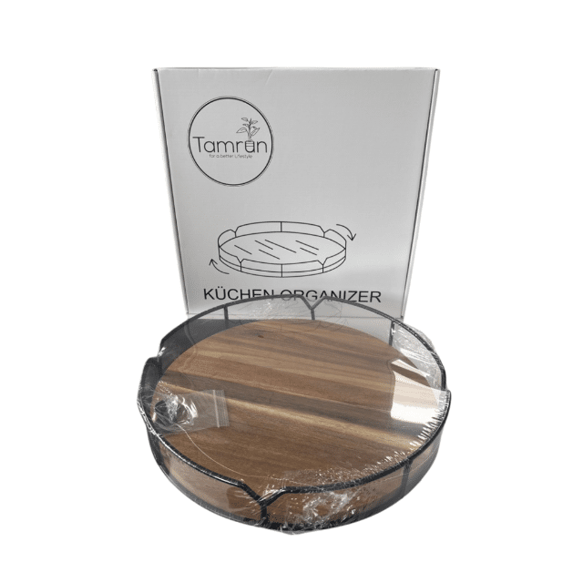 Organizer Drehplatte Holzoptik Küchen-Organizer Metall-Holz Drehteller Ordnungssystem drehbar Vorratsdrehregal Gewürzständer Restposten