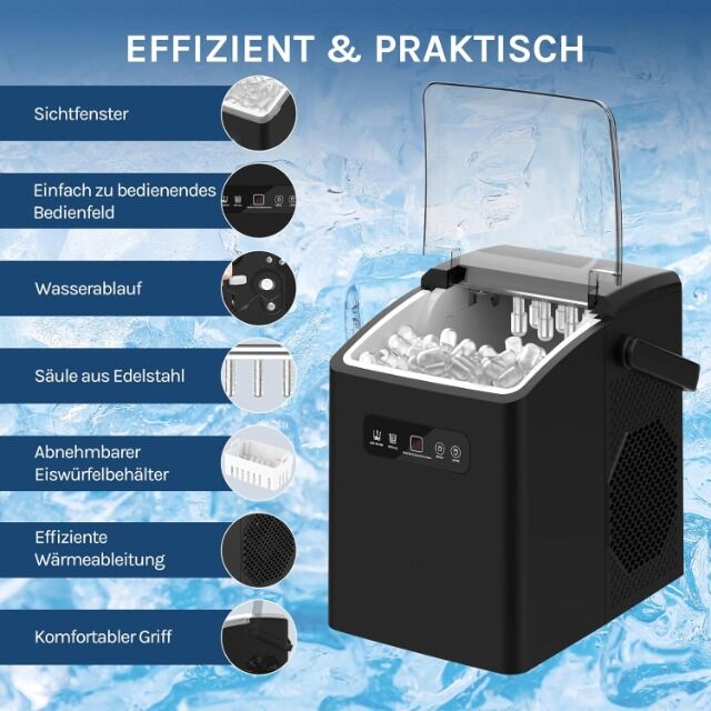 WOLTU Eiswürfelmaschine – 12 kg Eis in 24 Stunden – 1,3 Liter Wassertank – Kompakt & Tragbar mit Griff – 2 Eiswürfelgrößen – Selbstreinigend