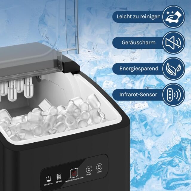 WOLTU Eiswürfelmaschine – 12 kg Eis in 24 Stunden – 1,3 Liter Wassertank – Kompakt & Tragbar mit Griff – 2 Eiswürfelgrößen – Selbstreinigend