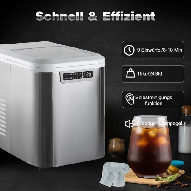 WOLTU Eiswürfelmaschine EM01sb Silber – 15kg Eis in 24h, 2,2L Tank, 2 Eiswürfelgrößen, Selbstreinigend – Premium Ice Maker für Haus, Büro, P