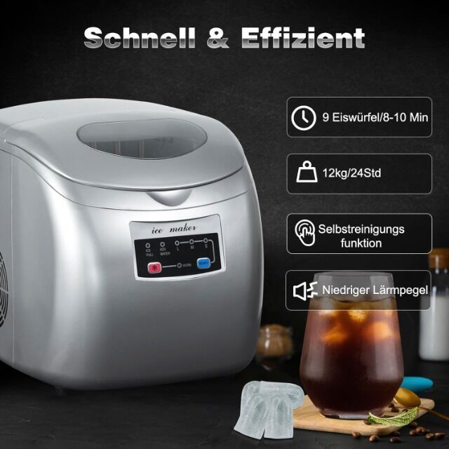 WOLTU Eiswürfelmaschine EM03sb Silber – 12 kg Eis in 24 Stunden – 2,8 Liter Wassertank – 3 Eiswürfelgrößen – Selbstreinigend – Kompakt und l