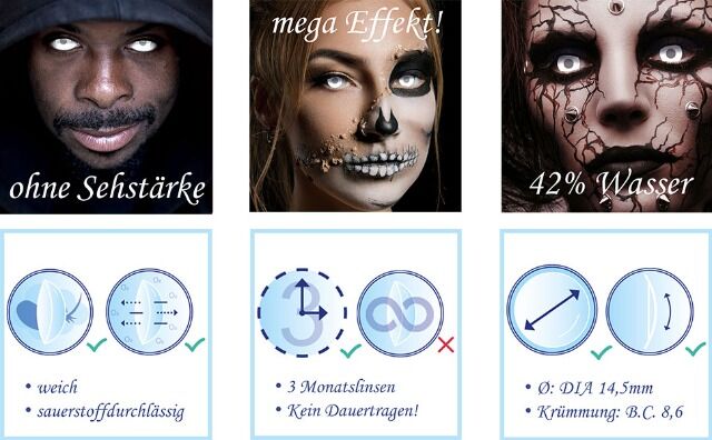 Kontaktlinse Blind White Visibal, 60% Deckkraft, 3 Monate, Zombie, Vampir