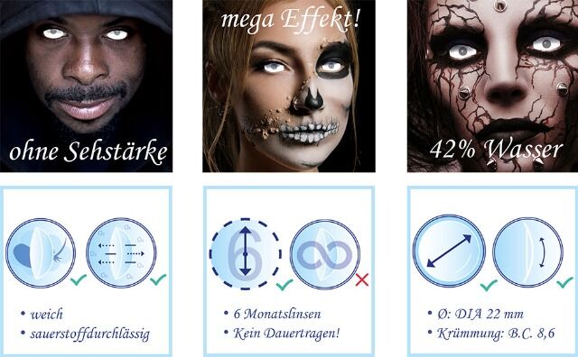 Kontaktlinse Sclera Blind White Visibal 6 Monate, 60% Deckkraft