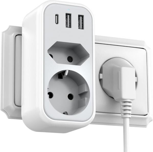 Mehrfachsteckdosenadapter – 5-in-1 mit USB & USB-C (Überbestand, Neuware)