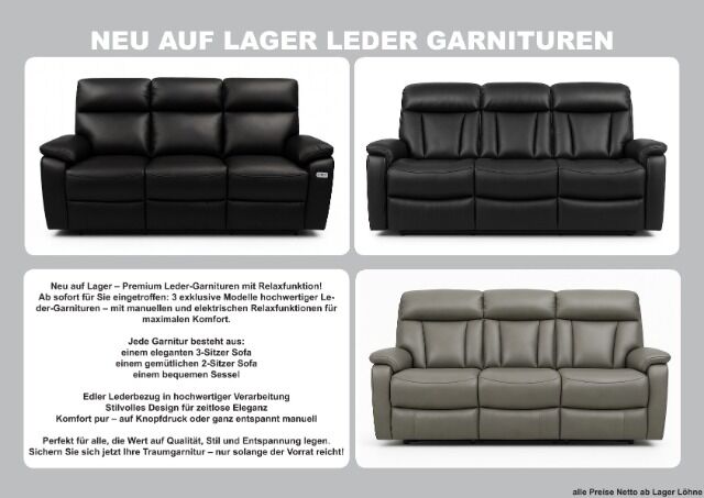 Möbel Sofa Couch Garnitur LEDER 3-2-1 Posten Neu Ware mit elektrischer Relaxfunktion