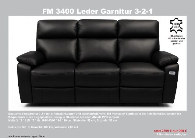 Möbel Sofa Couch Garnitur LEDER 3-2-1 Posten Neu Ware mit elektrischer Relaxfunktion