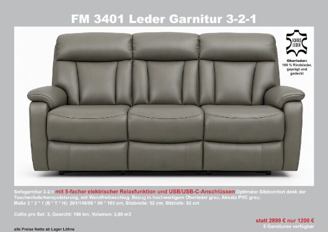 Möbel Sofa Couch Garnitur LEDER 3-2-1 Posten Neu Ware mit elektrischer Relaxfunktion