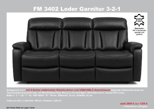 Möbel Sofa Couch Garnitur LEDER 3-2-1 Posten Neu Ware mit elektrischer Relaxfunktion