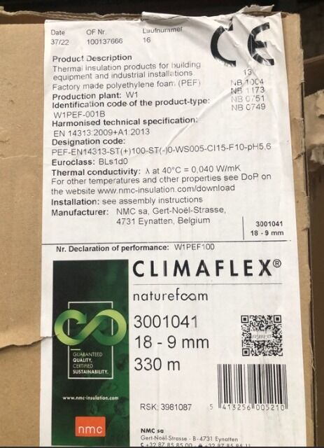 CLIMAFLEX® PE-Isolierung Rohrisolierungen 18-9mm ca. 1400 Stk. ca. 2800 Meter