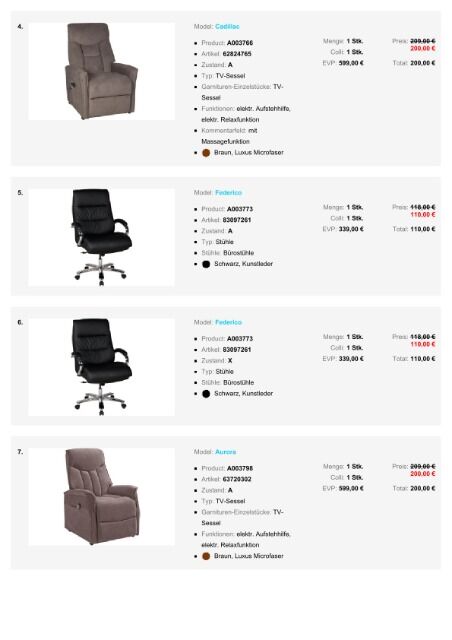 TV Sessel Möbel Paket verschiedene Relaxsessel, Bürostühle und Chefsessel