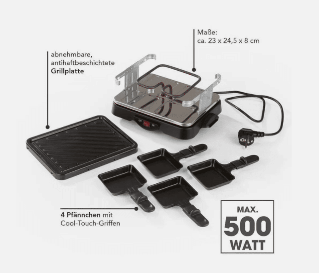 Cuisine Edition Raclette Grill 500W – 4 Personen, Schwarz