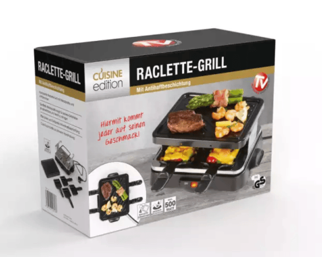 Cuisine Edition Raclette Grill 500W – Für 4 Personen Schwarz – A-Ware