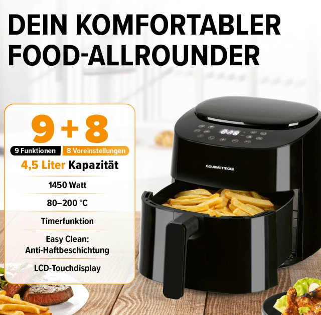 GOURMETmaxx Heißluft-Fritteuse Digital 4,5L – 1.400W – Schwarz mit Farbdisplay – A-Ware