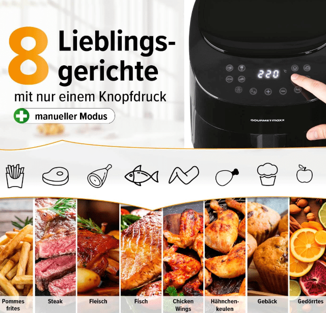 GOURMETmaxx Heißluft-Fritteuse Digital 4,5L – 1.400W – Schwarz mit Farbdisplay – A-Ware
