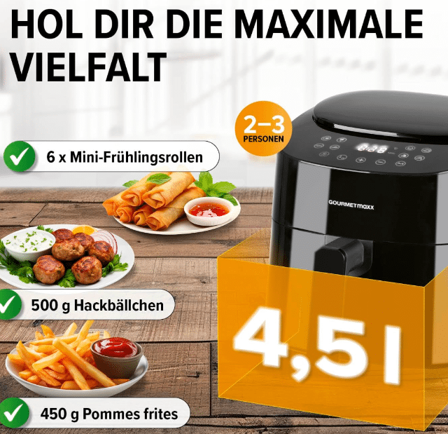 GOURMETmaxx Heißluft-Fritteuse Digital 4,5L – 1.400W – Schwarz mit Farbdisplay – A-Ware