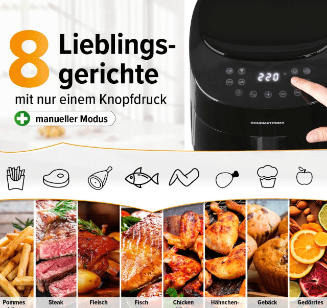 GOURMETmaxx Heißluft-Fritteuse Digital 5L – 1.400W – mit 10 Backpapierschalen – A-Ware