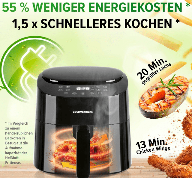 GOURMETmaxx Heißluft-Fritteuse Digital 5L – 1.400W – mit 10 Backpapierschalen – A-Ware