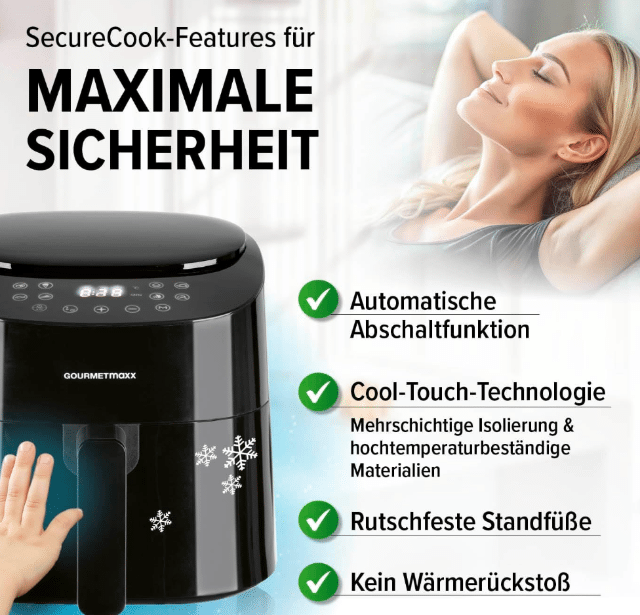 GOURMETmaxx Heißluft-Fritteuse Digital 5L – 1.400W – mit 10 Backpapierschalen – A-Ware
