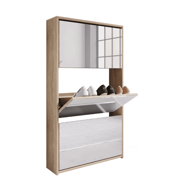 Schuhschrank Stido XL – Weiß & Honig-Eiche – 112×63×17 cm – A-Ware
