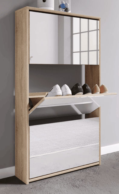 Schuhschrank Stido XL – Weiß & Honig-Eiche – 112×63×17 cm – A-Ware