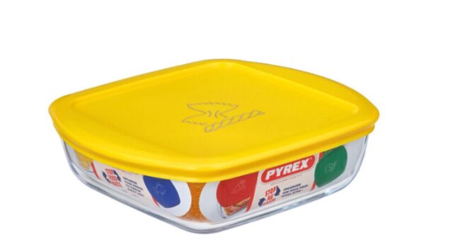 Pyrex Quadratische Glasform 20×17 cm – 1L mit Kunststoffdeckel – Ofen- & Mikrowellengeeignet – A-Ware