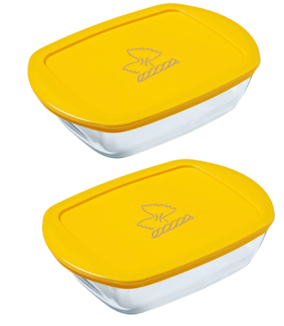 Pyrex Set 215P + 216P – 2 Rechteckige Glasformen 23×15 & 28×20 cm mit grünen & gelben Deckeln – A-Ware