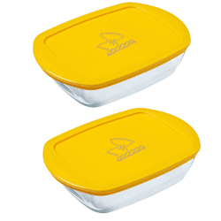 Pyrex Set 215P + 216P – 2 Rechteckige Glasformen 23×15 & 28×20 cm mit grünen & gelben Deckeln – A-Ware