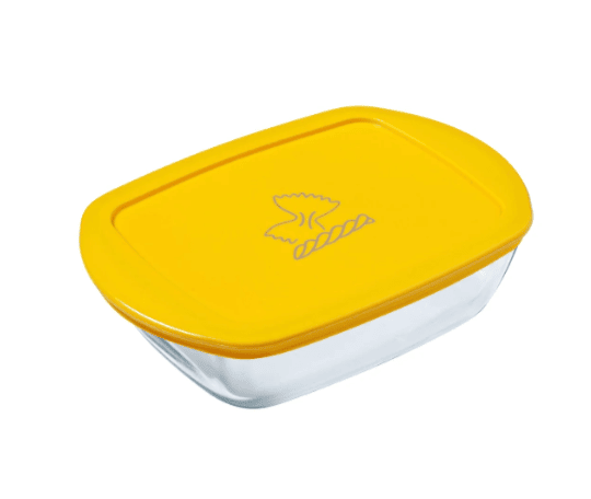 Pyrex Set 215P + 216P – 2 Rechteckige Glasformen 23×15 & 28×20 cm mit grünen & gelben Deckeln – A-Ware