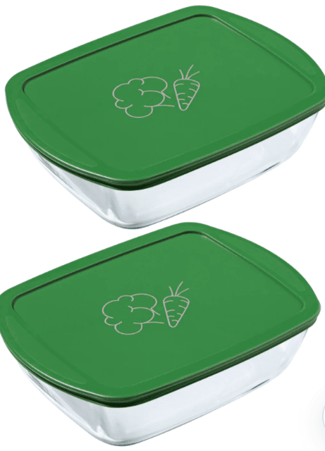 Pyrex Set 215P + 216P – 2 Rechteckige Glasformen 23×15 & 28×20 cm mit grünen & gelben Deckeln – A-Ware