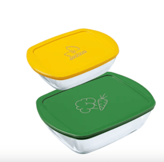 Pyrex Set 215P + 216P – 2 Rechteckige Glasformen 23×15 & 28×20 cm mit grünen & gelben Deckeln – A-Ware