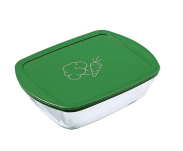 Pyrex Set 215P + 216P – 2 Rechteckige Glasformen 23×15 & 28×20 cm mit grünen & gelben Deckeln – A-Ware