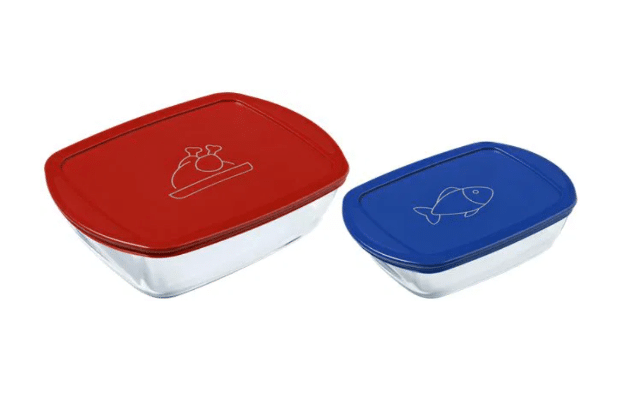 Pyrex Set 2×210P – 2 Quadratische Auflaufformen 14×12 cm mit blauen & roten Deckeln – 0,3 L – A-Ware