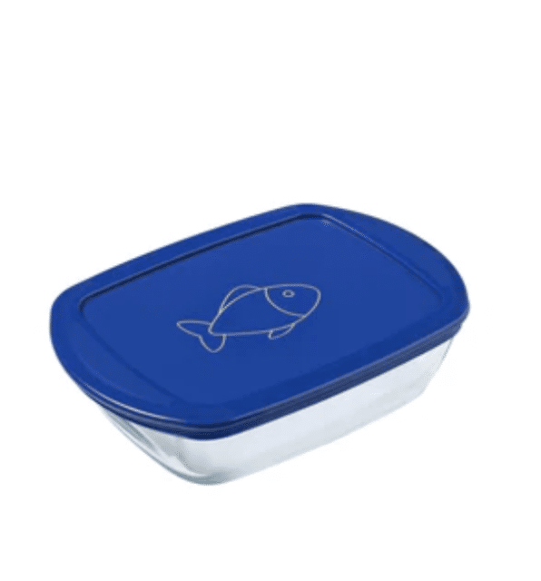 Pyrex Set 2×210P – 2 Quadratische Auflaufformen 14×12 cm mit blauen & roten Deckeln – 0,3 L – A-Ware