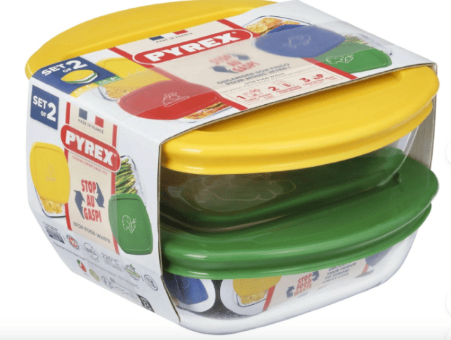 Pyrex Set 2×210P – 2 Quadratische Glasformen 14×12 cm mit grünen & gelben Deckeln – 0,3 L – A-Ware