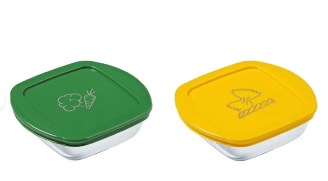 Pyrex Set 2×210P – 2 Quadratische Glasformen 14×12 cm mit grünen & gelben Deckeln – 0,3 L – A-Ware
