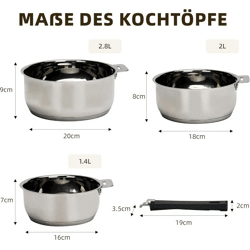 Edelstahltopf-Set 4-teilig – Abnehmbarer Griff – Induktionsgeeignet