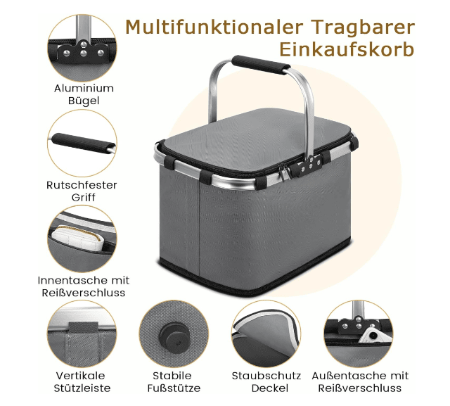 Faltbarer Einkaufskorb 35L – Mit Deckel, Griff & Innentasche – Robust & Praktisch – A-Ware