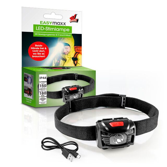EASYmaxx Stirnlampe 3,7V, schwarz/rot mit Bewegungssensor