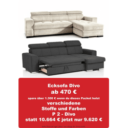 P2 Nov25 Möbel Paket Ecksofa Divo Schlaffunktion Bettkasten versch. Stoffe und Farben