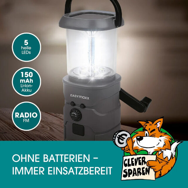 EASYmaxx solar light with radio and dynamo crank 5V, anthracite 