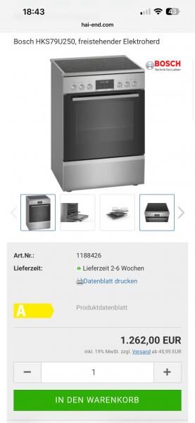 Bosch Elektro-Standherd HKS79U250 | 60 cm | HERD OFEN / Glaskeramikkochfeld | Pyrolyse | 3D Heißluft | Edelstahl | A