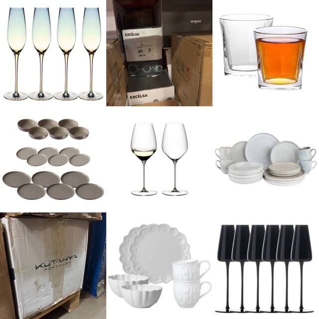 18 € Geschirr Mix Kat. A/B/C, Marken Hermia Villa d’Este Benetton u. a., Teller Gläser Tassen Sets, Lagerware Deutschland