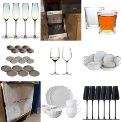 18 € Geschirr Mix Kat. A/B/C, Marken Hermia Villa d’Este Benetton u. a., Teller Gläser Tassen Sets, Lagerware Deutschland