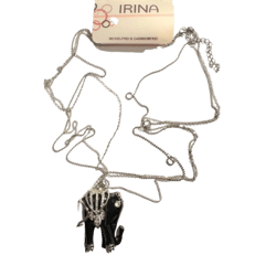 Necklace double long silver art chain and black onyx elephant pendant 