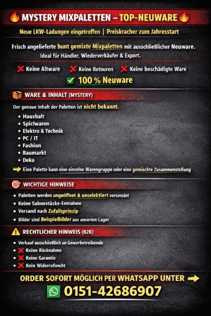 New Deal 2026 Mystery Paletten Sonderposten Secret Mystery Palette Deal Aktion Elektro Baumarkt Garten Haushalt Spielwaren uvm