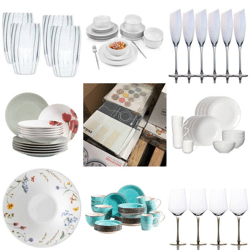 ab 18 € Geschirr Mix Kategorie A/B/C, Markenware aus Lagerbestand, Teller Gläser Tassen Sets, Glas und Keramik