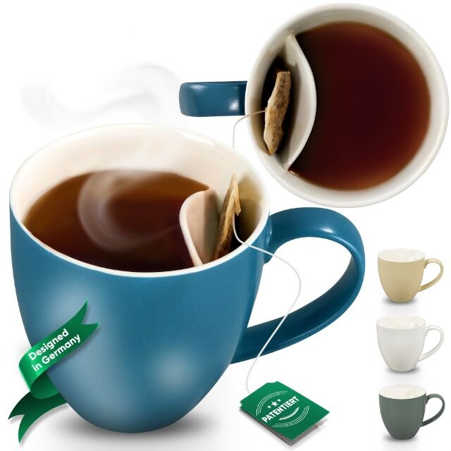 Patentierte Keramik-Teetasse 325 ml – Farben Blau, Grau, Weiß & Beige – mit oder ohne Magnet-Geschenkbox – exklusive Lizenz 